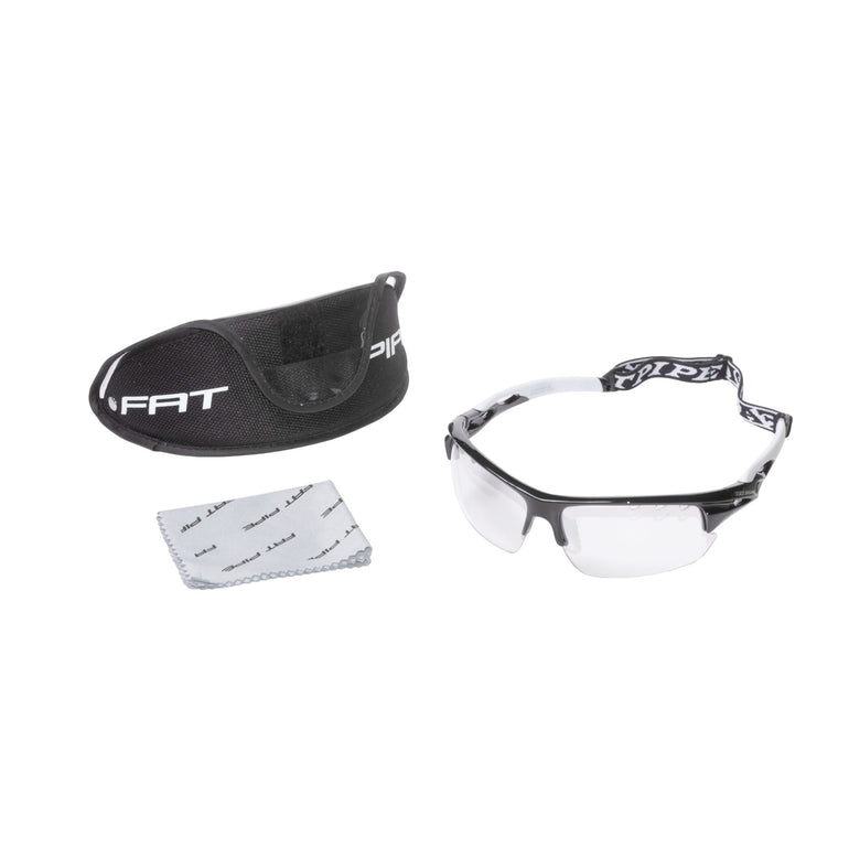 Fat Pipe Protective Eyewear Set SR Black/White, Svart/Vit innebandyglasögon från Fat Pipe, hela kittet med fodral och tvättduk